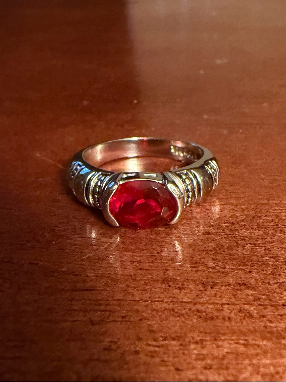 Lia Sophia Silver Tone Ring with Red Stone, size 7.5